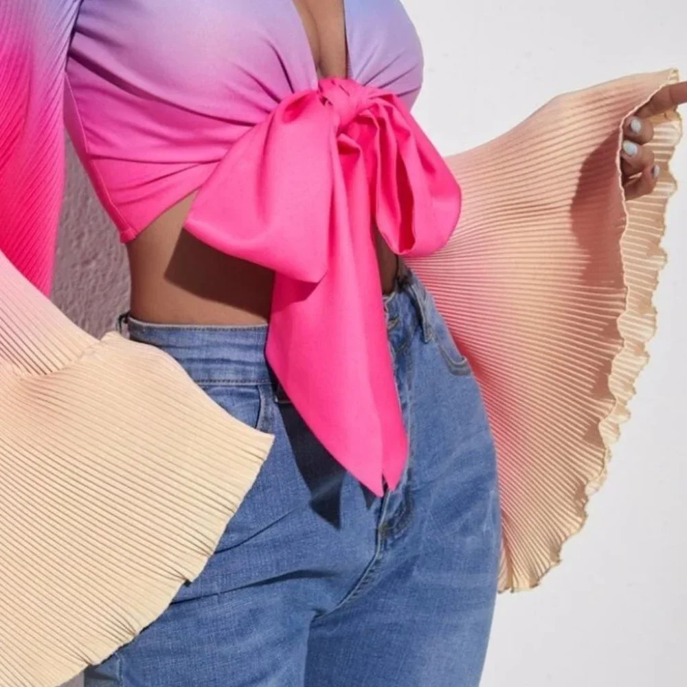 RAINBOW Print Knot Front Flounce Sleeve Top - Picture 7 of 7